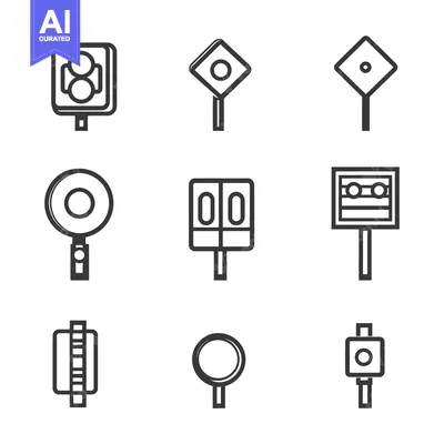 Set of nine black and white traffic light icons