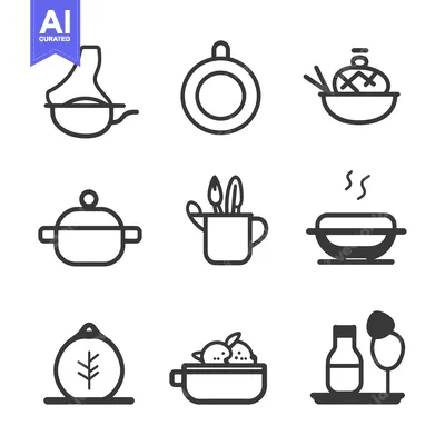 Premium design asset: Set of Nine Black Line Icons for Food, Drink, and Kitchenware