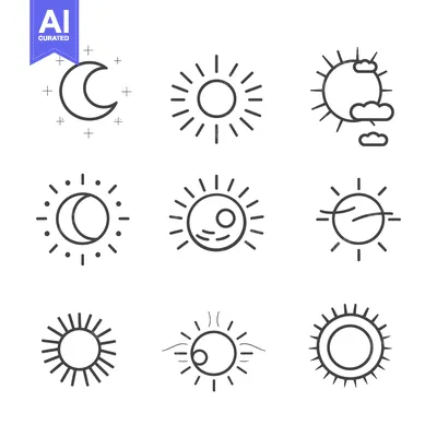 Aset premium populer: Set of Nine Black Line Sun and Moon Icons