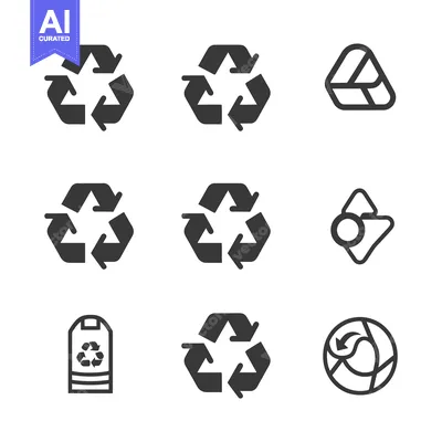 Set of nine black recycle symbols isolated on white background