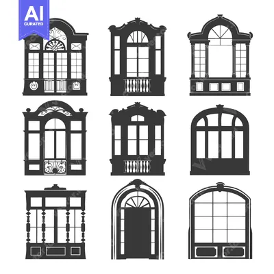 Set of Nine Black Silhouettes of Ornate Windows with Balconies