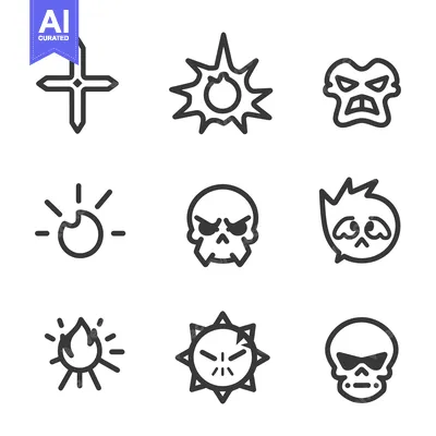 Aset desain premium: Set of Nine Cartoon Skulls and Other Evil Icons