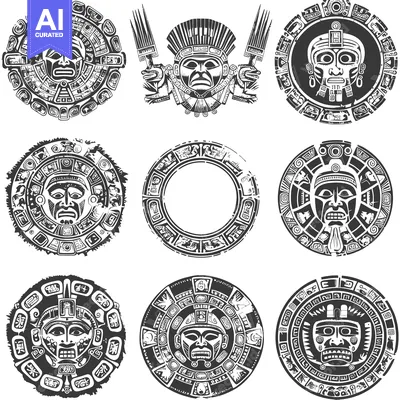 Aset premium populer: Set of Nine Circular Black and White Aztec-Style Illustrations Featuri