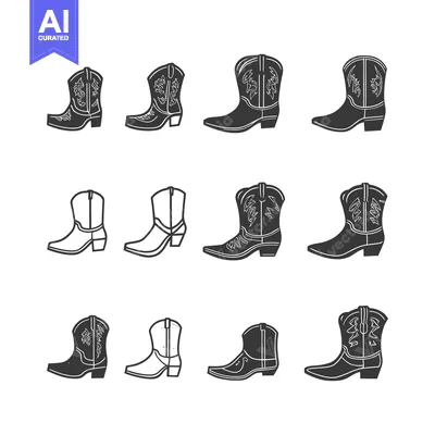 Aset desain premium: Set of Nine Cowboy Boots with Different Designs and Styles