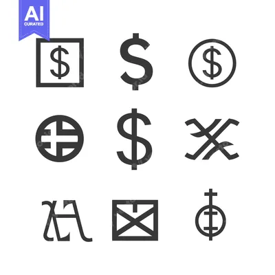 Aset desain premium: Set of Nine Currency Symbols in Simple Black and White Design