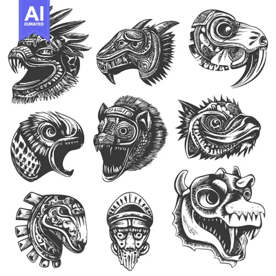 Set of Nine Detailed Black and White Monster Heads with Intricate Desi
