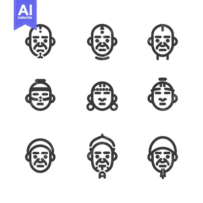 Aset premium populer: Set of Nine Different Male Faces in Black and White Outline Style