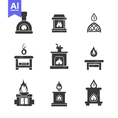 Aset desain premium: Set of nine fireplace and stove icons with flames
