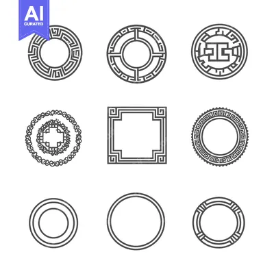 Aset desain premium: Set of Nine Geometric Circular and Square Frames with Greek Key Motifs