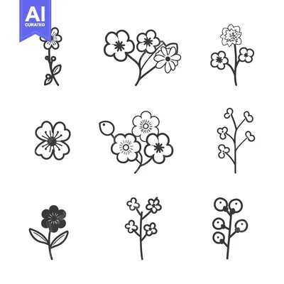 Premium design asset: Set of Nine Hand-Drawn Black and White Flower and Berry Branch Illustr