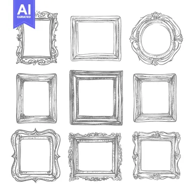 Aset desain premium: Set of Nine Hand-Drawn Ornate Picture Frames