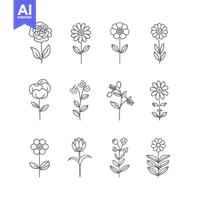 Aset premium populer: Set of nine hand-drawn outline floral illustrations