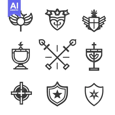 Set of Nine Heraldic and Religious Symbols in Black and White