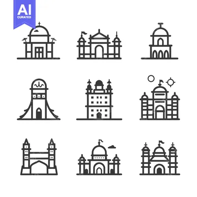 Set of nine iconic architectural structures with intricate details and