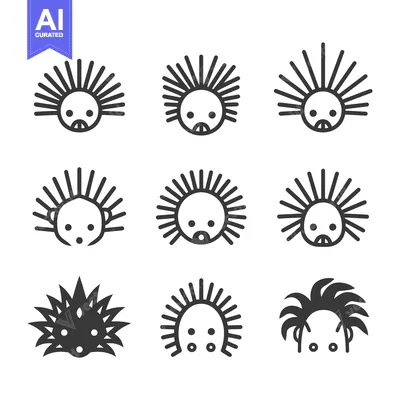 Aset desain premium: Set of Nine Illustrated Hedgehog Icons with Spiky Hair and Different F