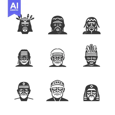 Premium design asset: Set of Nine Indigenous Male Faces with Various Headwear and Facial Mar