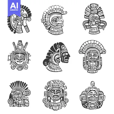 Set of Nine Intricately Designed Mayan Masks