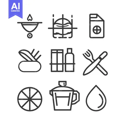 Set of Nine Linear Icons Depicting Everyday Objects