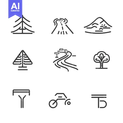 Aset desain premium: Set of Nine Linear Icons Depicting Landscape and Road Features