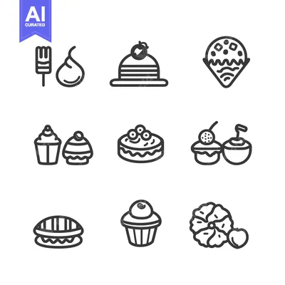 Aset desain premium: Set of Nine Linear Icons Depicting Various Sweet Treats