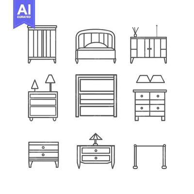 Aset premium populer: Set of Nine Linear Icons Representing Various Bedroom Furniture
