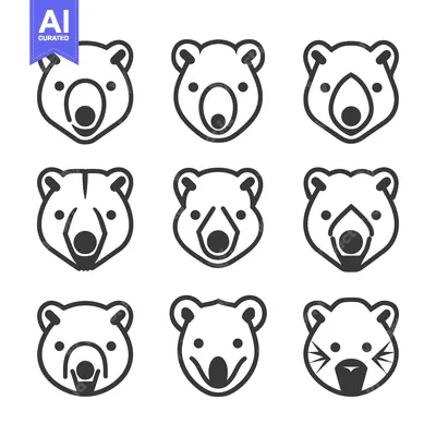 Set of Nine Line Art Bear Faces with Varying Facial Features