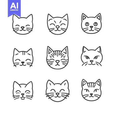 Aset desain premium: Set of Nine Line Art Cat Faces with Different Expressions