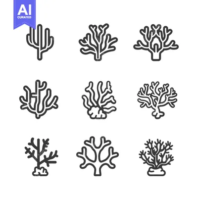 Set of Nine Line Art Coral Reef Illustrations
