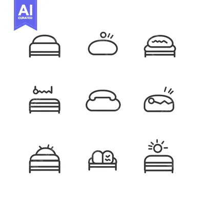 Set of Nine Line Art Icons Depicting Beds and Couches with Various Det