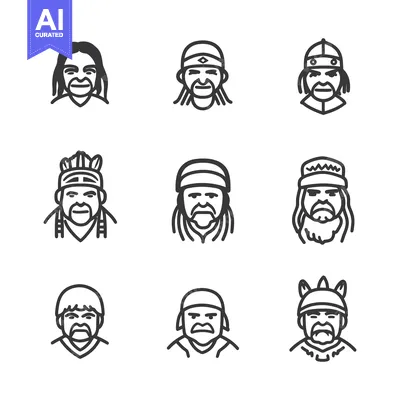 Aset desain premium: Set of Nine Line Art Icons of Male Faces with Different Hairstyles and