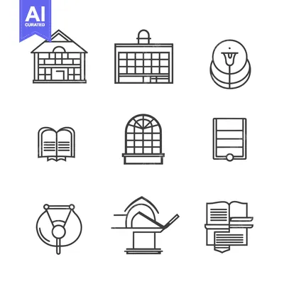 Aset desain premium: Set of Nine Line Art Icons Related to Education and Architecture