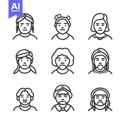 Set of Nine Line Art Illustrations Depicting Diverse Human Faces with