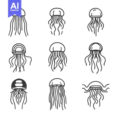 Aset premium populer: Set of Nine Line-Art Jellyfish Illustrations