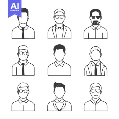 Aset desain premium: Set of Nine Line Art Male Profile Icons with Various Hairstyles and Cl