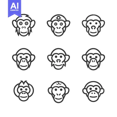 Aset premium populer: Set of Nine Line Art Monkey Faces with Different Hairstyles