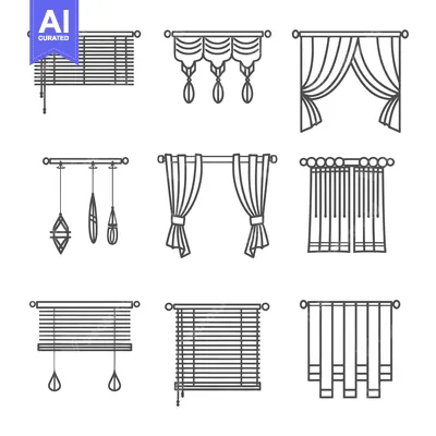 Aset desain premium: Set of Nine Linear Window Treatments, Including Blinds and Curtains