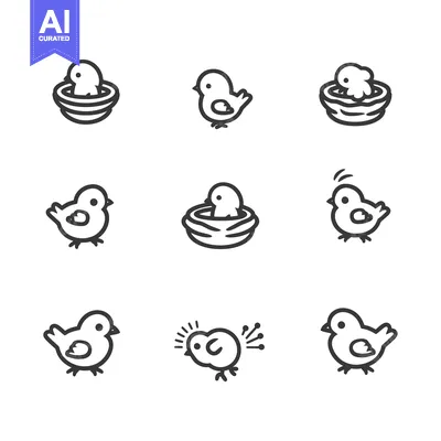 Premium design asset: Set of Nine Line Drawings of Baby Birds in Nests