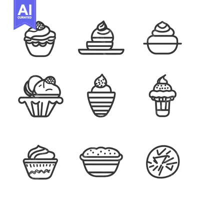 Set of nine line drawings of cakes and pastries