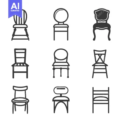 Aset desain premium: Set of Nine Line Drawings of Chairs with Different Styles