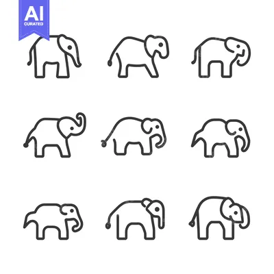 Set of Nine Line Drawings of Elephants in Various Poses