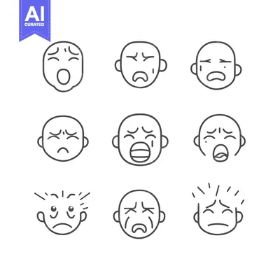 Set of Nine Line Drawings of Faces Expressing Distress