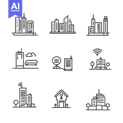 Set of Nine Line Drawings of Modern City Buildings