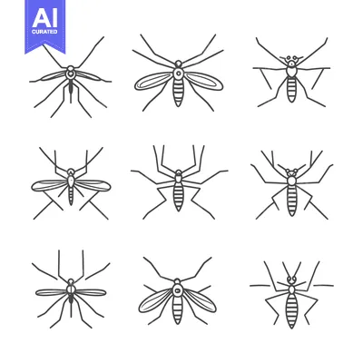 Set of Nine Line Drawings of Mosquitoes with Varied Details
