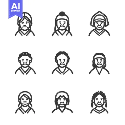Aset desain premium: Set of Nine Line Drawings of Senior Citizens with Different Hairstyles