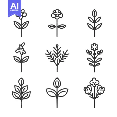 Aset desain premium: Set of Nine Line Drawings of Simple Flowers and Plants