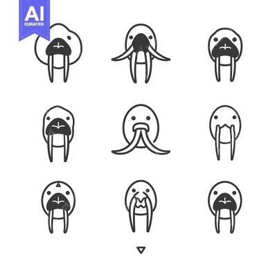 Set of Nine Line Drawings of Walrus Faces with Different Expressions