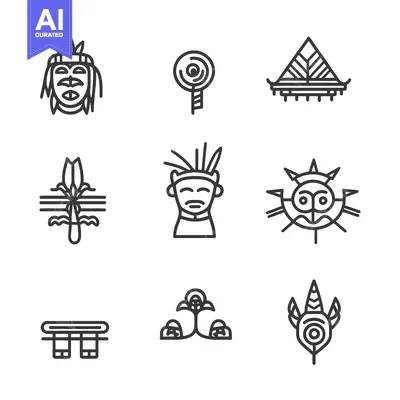 Aset desain premium: Set of nine line icons depicting ancient tribal art and culture.