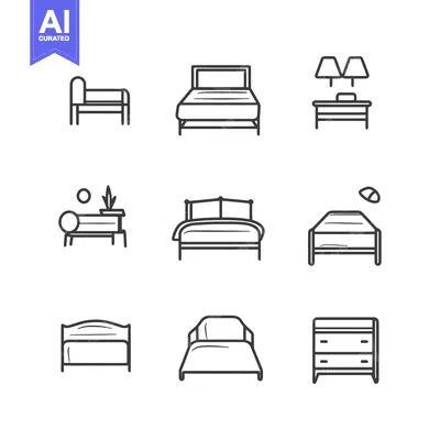 Aset desain premium: Set of nine line icons depicting bedroom furniture