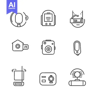 Set of Nine Line Icons Depicting Different Types of Cameras