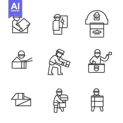 Set of Nine Line Icons Depicting People Handling Packages and Boxes